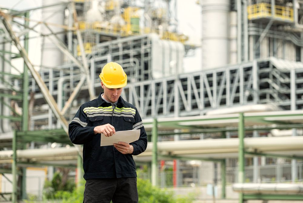 Ingeniero con casco amarillo revisa un documento frente a una planta de procesos